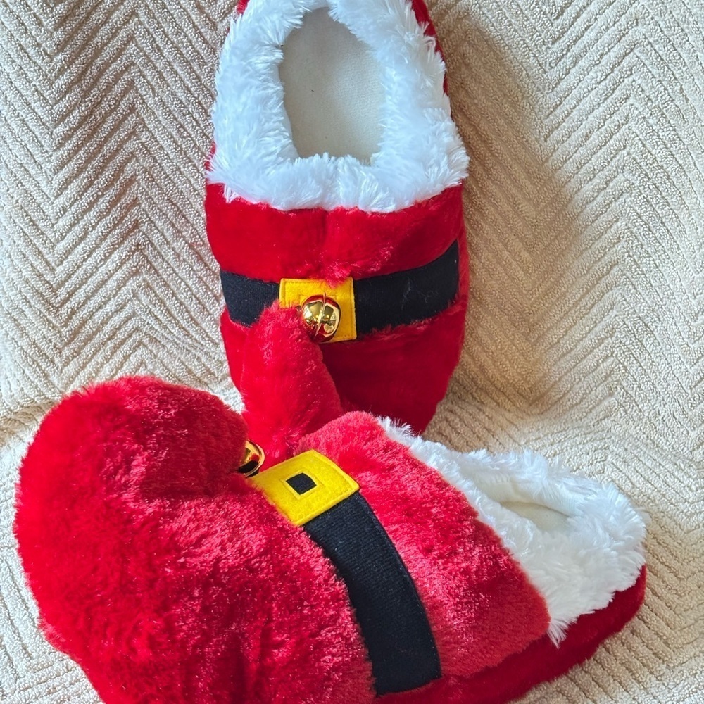 Santa Elf Slippers Christmas Red House Shoes Plush Jingle Bells